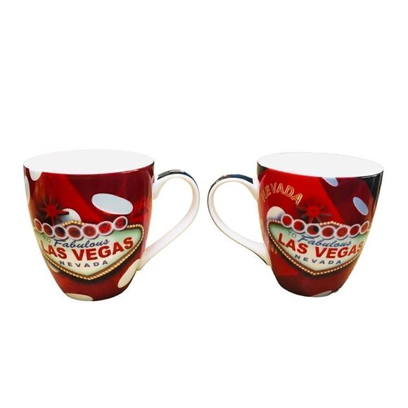 Set Of 2 LasVegas Red Ceramic Graphic Las Vegas Oversize Coffee Cup Mugs - Picture 2 of 8